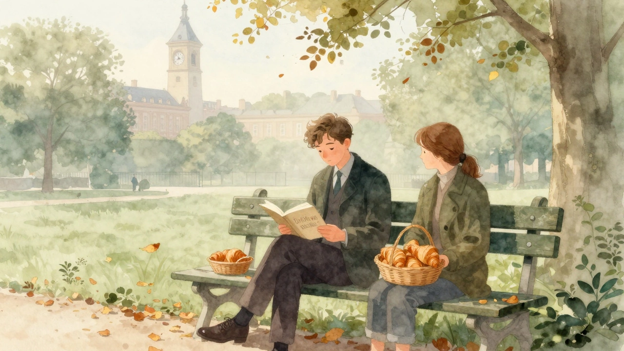A former curator reads Proust aloud in Luxembourg Gardens at dawn, croissants beside them, autumn leaves falling softly.