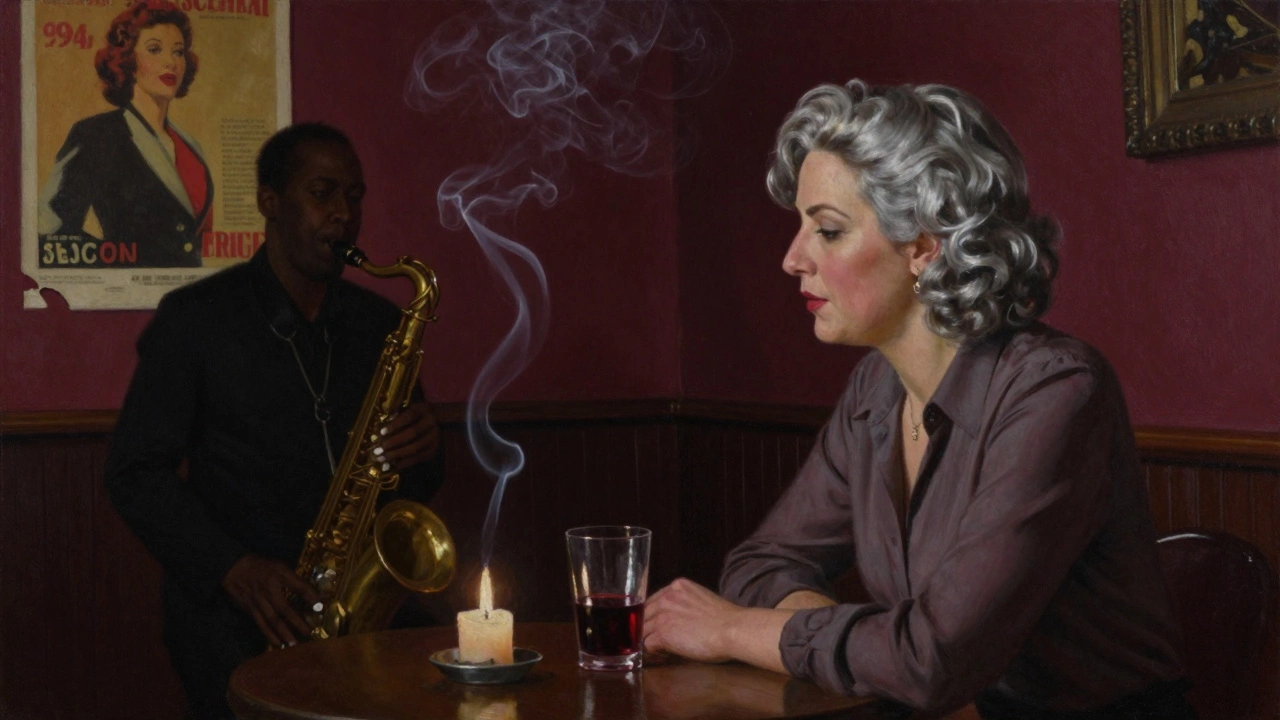A woman listens intently to a client in a dim jazz bar, candlelight casting warm shadows over their quiet conversation.